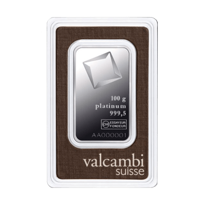 A picture of a 100 gram Valcambi Suisse Platinum Bar